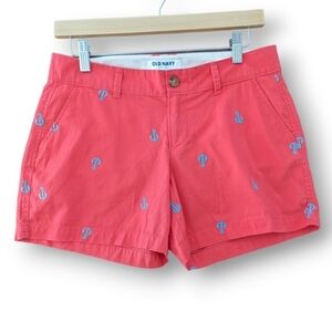Old Navy Nautical Chino Shorts 2 Coral Blue Embroidered Coastal Anchors Short